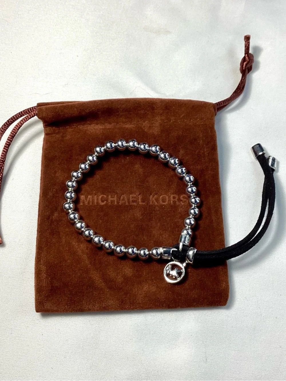 Michael Kors Silver-Tone Beaded Stretch Black Cord Bracelet NWT includes MK Bag